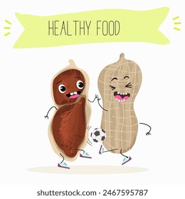 Cute peanut nut characters, funny nuts, with different activities, outdoor, sports,musical instrument. Organic food, healthy food, illustrations for kids menu.