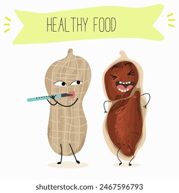 Cute peanut nut characters, funny nuts, with different activities, outdoor, sports,musical instrument. Organic food, healthy food, illustrations for kids menu.