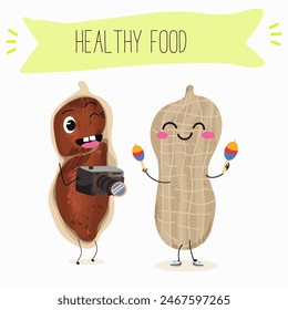 Cute peanut nut characters, funny nuts, with different activities, outdoor, sports,musical instrument. Organic food, healthy food, illustrations for kids menu.