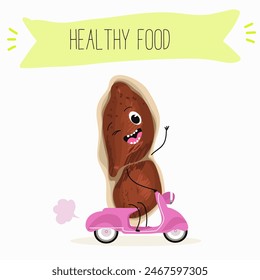 Cute peanut nut characters, funny nuts, with different activities, outdoor, sports,musical instrument. Organic food, healthy food, illustrations for kids menu.