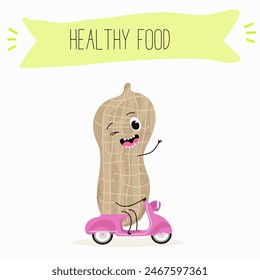 Cute peanut nut characters, funny nuts, with different activities, outdoor, sports,musical instrument. Organic food, healthy food, illustrations for kids menu.