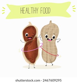Cute peanut nut characters, funny nuts, with different activities, outdoor, sports,musical instrument. Organic food, healthy food, illustrations for kids menu.