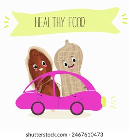 Cute peanut nut characters, funny nuts, with different activities, outdoor, sports,musical instrument. Organic food, healthy food, illustrations for kids menu.
