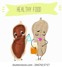 Cute peanut nut characters, funny nuts, with different activities, outdoor, sports,musical instrument. Organic food, healthy food, illustrations for kids menu.