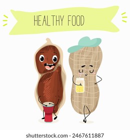 Cute peanut nut characters, funny nuts, with different activities, outdoor, sports,musical instrument. Organic food, healthy food, illustrations for kids menu.
