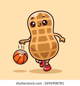 Icono lindo del Vector de la historieta de la bola de la cesta del cacahuete que juega 
Ilustración. Concepto de icono de deporte de alimentos aislado Premium 
Vector. Estilo plano de la historieta 
