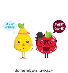 Cute pear and apple cartoon characters couple. Cute fruits with eyes and accessories and speech bubble. Vector illustration.