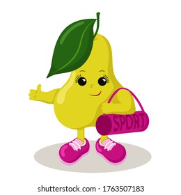 Cute pear athlete with pink sneakers and sports bag. Colorful smiling kawaii fruit. Isolated vector illustration.