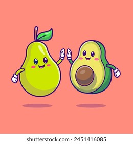 Cute Pear And Avocado High Five Cartoon Vector Icon Illustration. Food Nature Icon Concept Isolated Premium Vector. Flat Cartoon Style