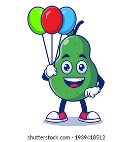 Cute Pear With Balloon Cartoon Vector Illustration. Fruit Mascot Character Concept Isolated Premium Vector