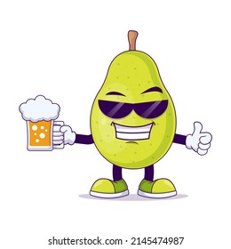 Cute pear with beer cartoon vector illustration design. Fruit mascot character concept isolated vector
