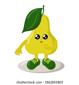 Cute pear with big eyes and tears. Colorful kawaii fruit emoticon with pitying look. Isolated vector illustration.