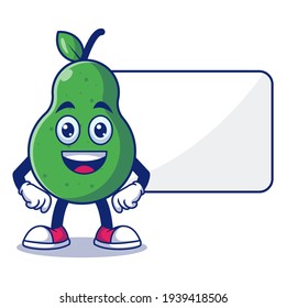 Cute Pear With Board Cartoon Vector Illustration. Fruit Mascot Character Concept Isolated Premium Vector