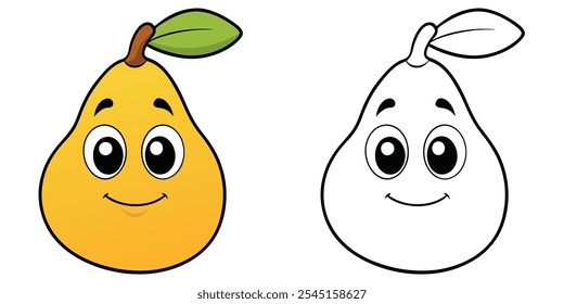 Cute Pear Cartoon Character Coloring Book Vector Illustration. Fruits Coloring Page Printable