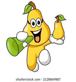 Cute Pear Cartoon Character, Holding Pear Fruit and Trumpet, Vector Illustration