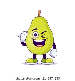 Cute pear cartoon showing salute expression. Fruit mascot character concept isolated vector