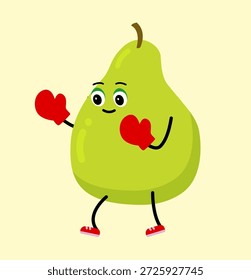 Cute pear character makes fighting in boxing gloves.  pear are engaged in boxing sports. Cartoon avocado symbols, isolated clipart. Vector illustration .