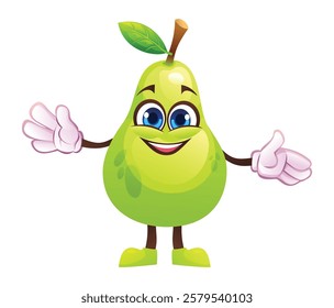 Cute pear character with open arms, welcoming and cheerful. Vector cartoon illustration