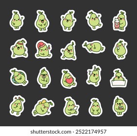 Cute pear character. Sticker Bookmark. Funny cartoon fruit. Hand drawn style. Vector drawing. Collection of design elements.