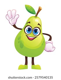 Cute pear character waving happily. Vector cartoon illustration