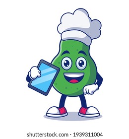 Cute Pear Chef Holding Tablet Cartoon Vector Illustration. Fruit Mascot Character Concept Isolated Premium Vector