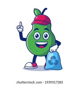 Cute Pear Cleaner With Plastic Garbage Bag Cartoon Vector Illustration. Fruit Mascot Character Concept Isolated Premium Vector