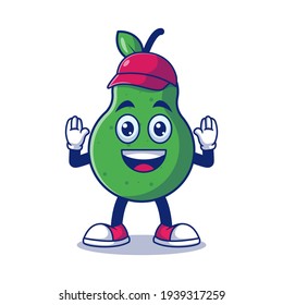 Cute Pear Cleaner With Stop Expression Cartoon Vector Illustration. Fruit Mascot Character Concept Isolated Premium Vector