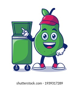 Cute Pear Cleaner With Trash Can Cartoon Vector Illustration. Fruit Mascot Character Concept Isolated Premium Vector