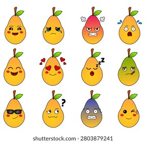 Cute Pear Emoji Sticker Set with Happy, Sad, Angry, Surprised, Laughing, Love, Sleeping, Sick, Cool, Confused, Scared, and Winking Expressions, Colorful Cartoon Fruit Character Collection