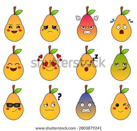 Cute Pear Emoji Sticker Set with Happy, Sad, Angry, Surprised, Laughing, Love, Sleeping, Sick, Cool, Confused, Scared, and Winking Expressions, Colorful Cartoon Fruit Character Collection