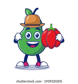 Cute Pear Farmer Holding Red Paprika Cartoon Vector Illustration. Fruit Mascot Character Concept Isolated Premium Vector