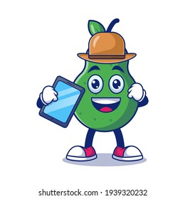 Cute Pear Farmer Holding Tablet Cartoon Vector Illustration. Fruit Mascot Character Concept Isolated Premium Vector