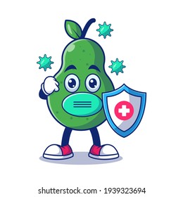 Cute Pear Fight Corona Virus With Shield And Mask Cartoon Vector Illustration. Fruit Mascot Character Concept Isolated Premium Vector