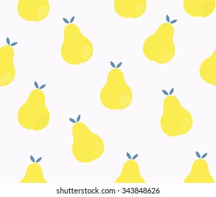 Cute pear fruit with blue leaf on white seamless background pattern wallpaper. Vector image