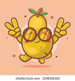 cute pear fruit character mascot with peace sign hand gesture isolated cartoon in flat style design