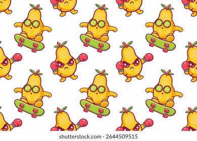 cute pear fruit character seamless pattern illustration background