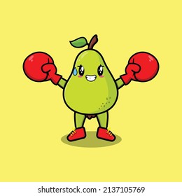 Cute Pear fruit mascot cartoon playing sport with boxing gloves and cute stylish design