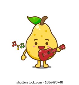 Cute pear fruit playing guitar. Vector illustration of chibi character isolated on white background.