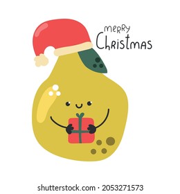 Perla linda con cara divertida y caja de regalo y sombrero santa. Envía Feliz Navidad. Ilustración plana para tarjetas de felicitación.