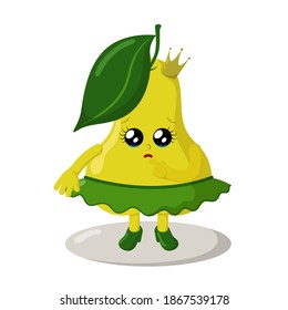 Cute pear girl with big eyes and tears. Colorful kawaii fruit emoticon with pitying look. Isolated vector illustration.