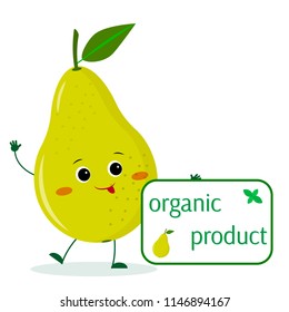 A cute pear green cartoon character holds a plate of organic foods. Vector illustration, a flat style.