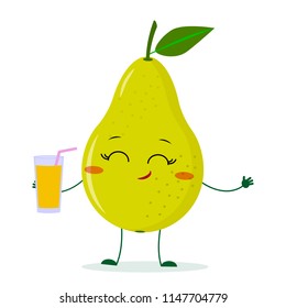 Cute pear green cartoon character holding a glass with juice. Vector illustration, a flat style.