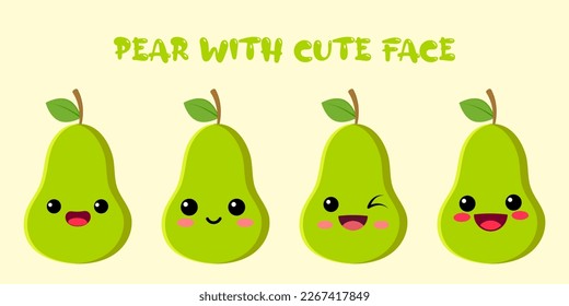 CUTE PEAR ,HAPPY CUTE SET OF SMILING PEAR FACE . VECTOR ILLUSTRATION