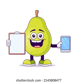 Cute pear holding blank clipboard cartoon vector illustration design. Fruit mascot character concept isolated vector