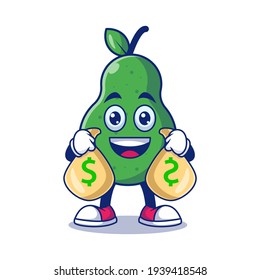 Cute Pear Holding Money Bag Cartoon Vector Illustration. Fruit Mascot Character Concept Isolated Premium Vector