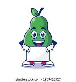 Cute Pear Holding White Board Cartoon Vector Illustration. Fruit Mascot Character Concept Isolated Premium Vector