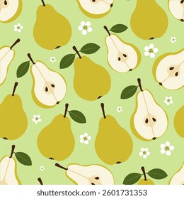 Cute pear illustration with white flowers and leaves. Fresh and vibrant fruit design for textile print. Modern botanical pattern with pear fruit and blossoms.