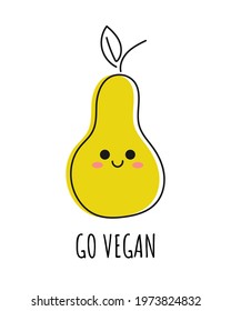Cute pear isolated on white background. Go vegan. Vector illustration
