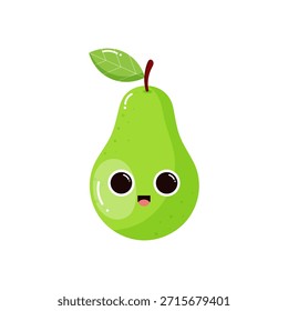 Linda pera aislada sobre fondo blanco. Fruta de jardín. Estilo Groovy. Personajes infantiles. Elementos de diseño para materiales infantiles, libros, comida saludable, carteles y carteles de granja. Ilustración vectorial.