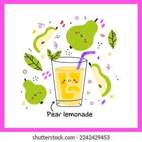 Cute pear lemonade glass with cute pear. Isolated. Vector cartoon character hand drawn style illustration. Kawaii smiling lemonade.Hand drawn cute vector for web,design,print, isolated on white.